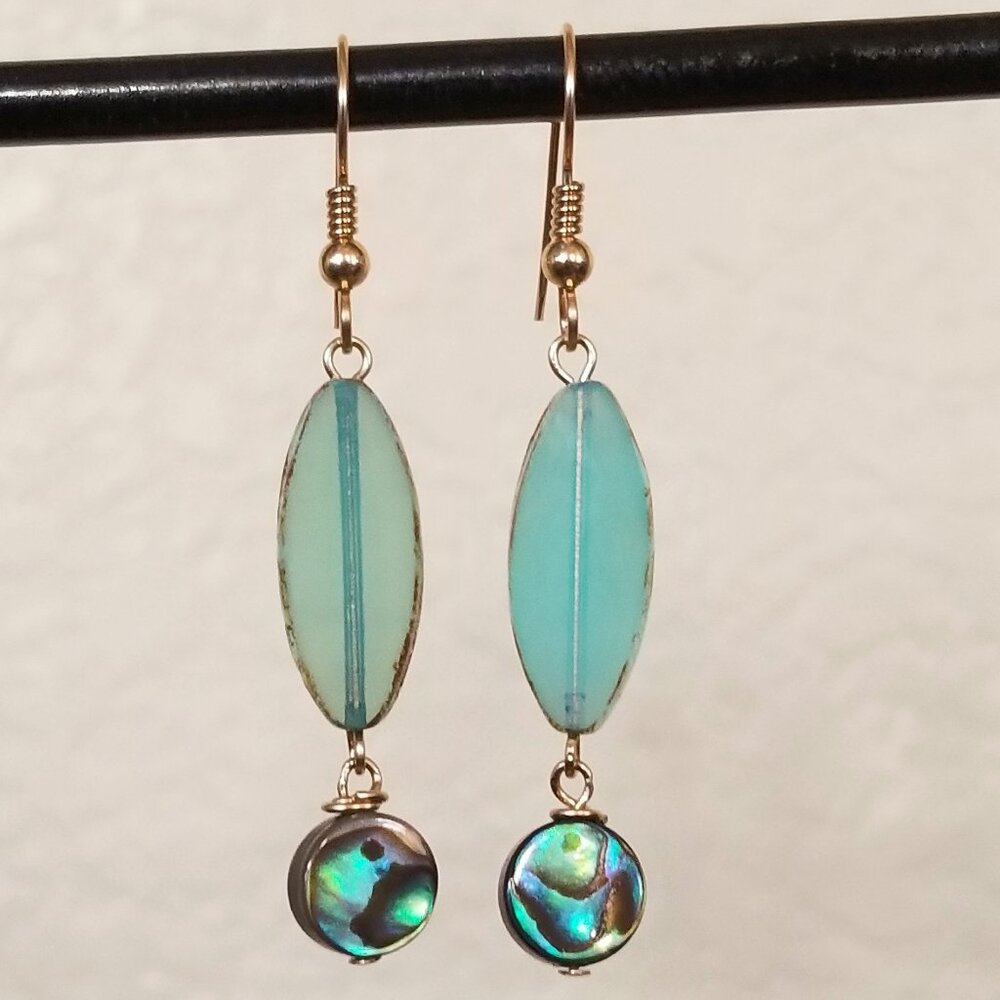 14k Gold Filled Teal Abalone Shell & Seafoam Blue Glass Dangle Earrings